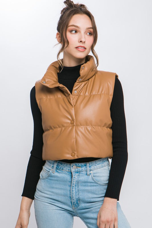 Ember Faux Leather puffer West With Snap Button